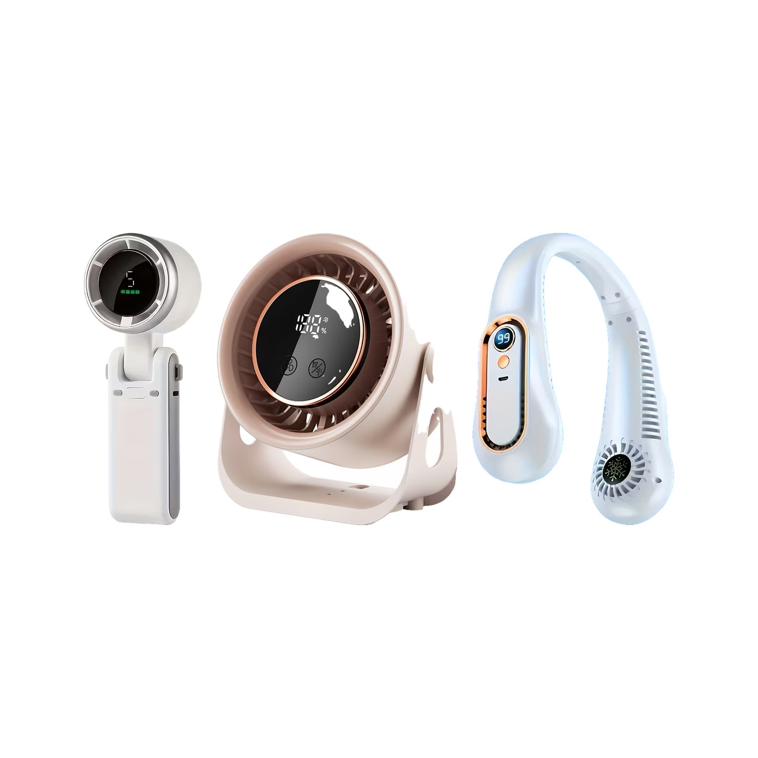 The Neat Flow Cool Kit: the folding handheld fan, the turbo desk fan and the bladeless neck fan