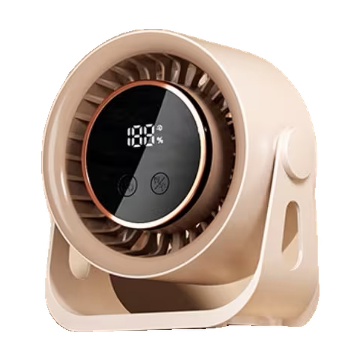 Close view of the Neat Flow Desk Fan's rose-gold digital display and touch controls