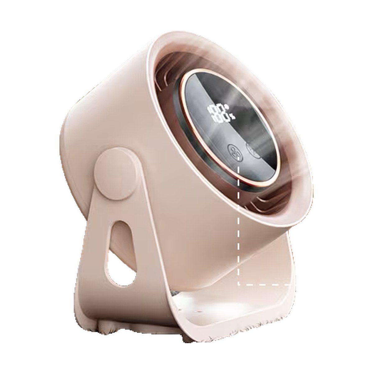 The Neat Flow Desk Fan shown from a lower angle, showing the tilting cradle base