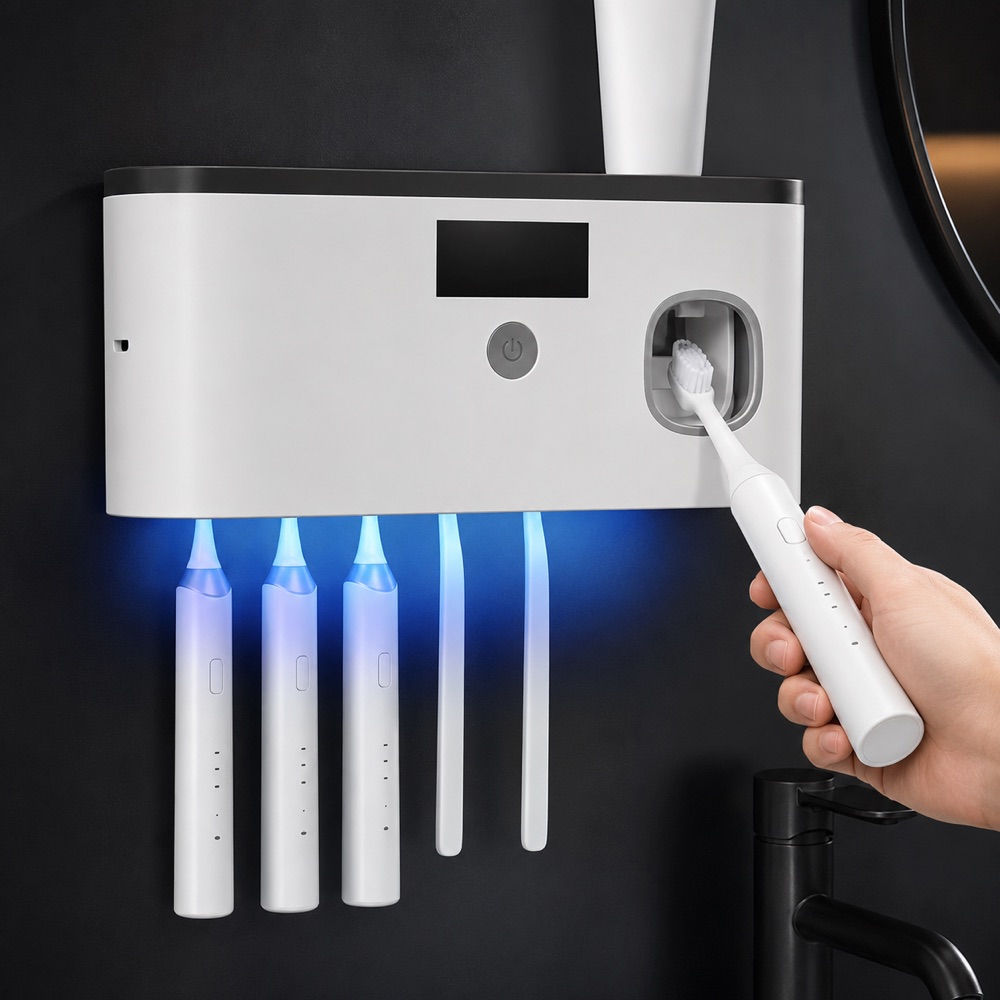 A toothbrush held under the Neat Flow nozzle receiving a hands-free dose of toothpaste