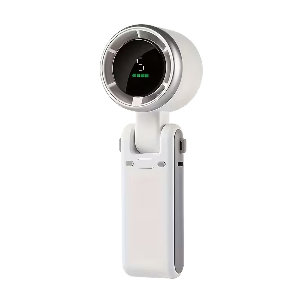Neat Flow Handheld Fan: a white folding handheld fan with a digital battery display