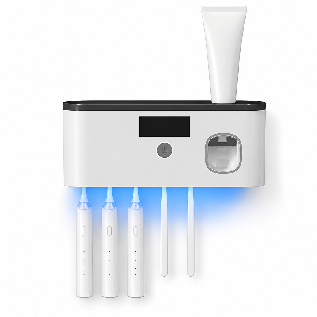 Neat Flow wall-mounted station sanitizing five toothbrushes under UV-C light, with a touch-free toothpaste dispenser and a toothpaste tube on top
