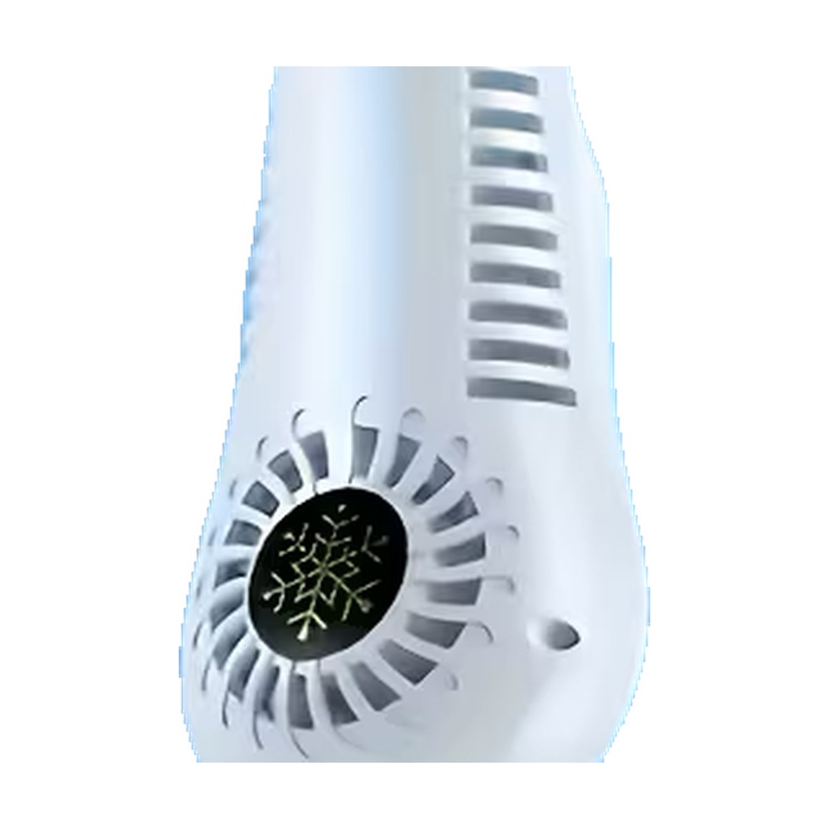 The Neat Flow Neck Fan worn around the neck like a pair of headphones, hands free