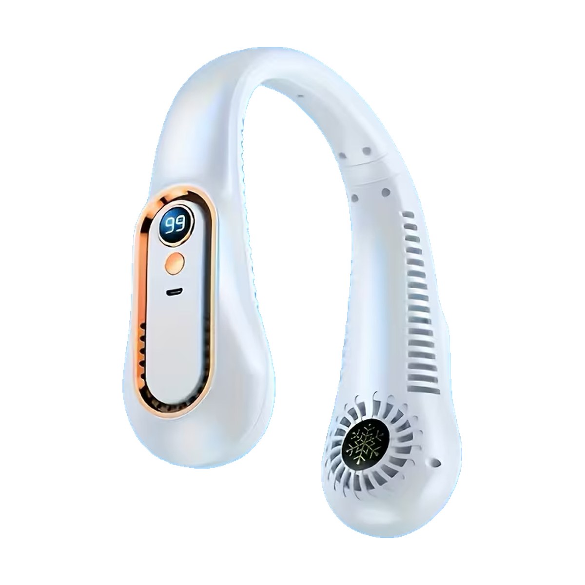 Neat Flow Neck Fan: a white bladeless hanging neck fan worn around the neck